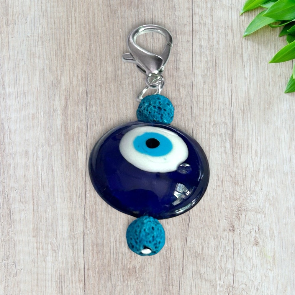 Hand Crafted Purse Pet Charm Lava Blue Round Evil Eye Silver Diffuser - Picture 3 of 5